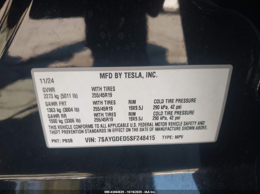2025 Tesla Model Y Long Range Dual Motor Rear-Wheel Drive VIN: 7SAYGDED5SF248415 Lot: 43464829
