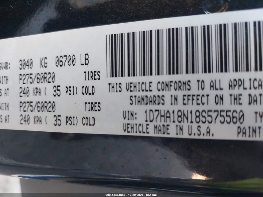 2008 Dodge Ram 1500 Slt VIN: 1D7HA18N18S575560 Lot: 43464849