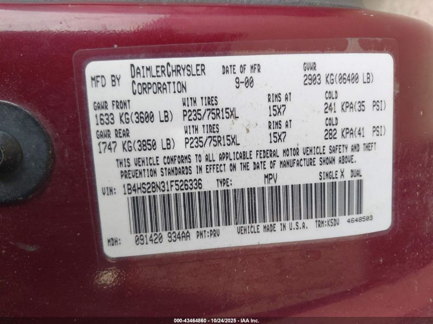 2001 Dodge Durango VIN: 1B4HS28N31F526336 Lot: 43464860