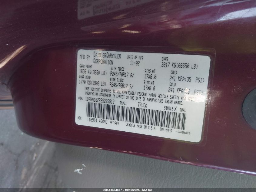 2003 Dodge Ram 1500 Slt/Laramie/St VIN: 1D7HA18Z23S209912 Lot: 43464877