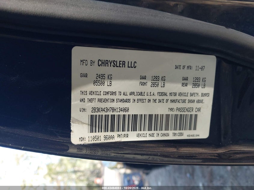 2008 Dodge Charger VIN: 2B3KA43H78H134060 Lot: 43464883