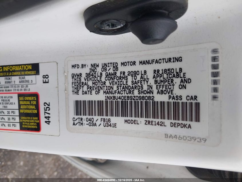 2009 Toyota Corolla Le VIN: 1NXBU40E89Z098082 Lot: 43464890