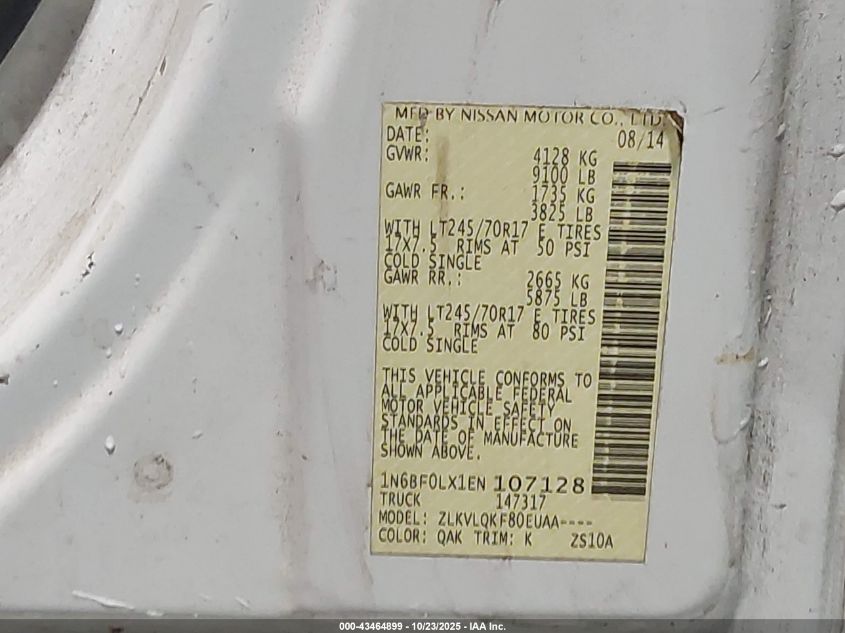 2014 Nissan Nv Cargo Nv2500 Hd S V6 VIN: 1N6BF0LX1EN107128 Lot: 43464899