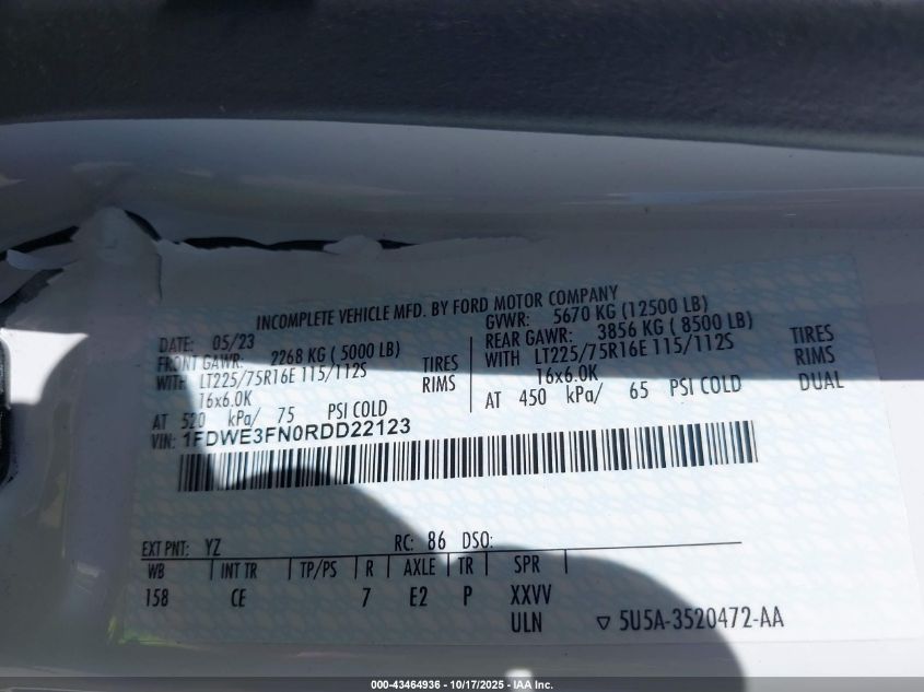 2024 Ford E-350 Cutaway VIN: 1FDWE3FN0RDD22123 Lot: 43464936