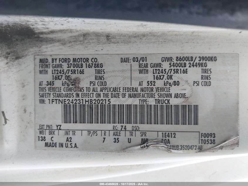 2001 Ford E-250 Commercial VIN: 1FTNE24231HB20215 Lot: 43465028