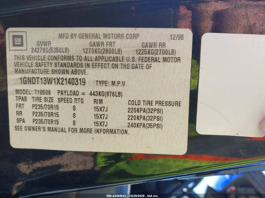 1999 Chevrolet Blazer Lt VIN: 1GNDT13W1X2140319 Lot: 43465041