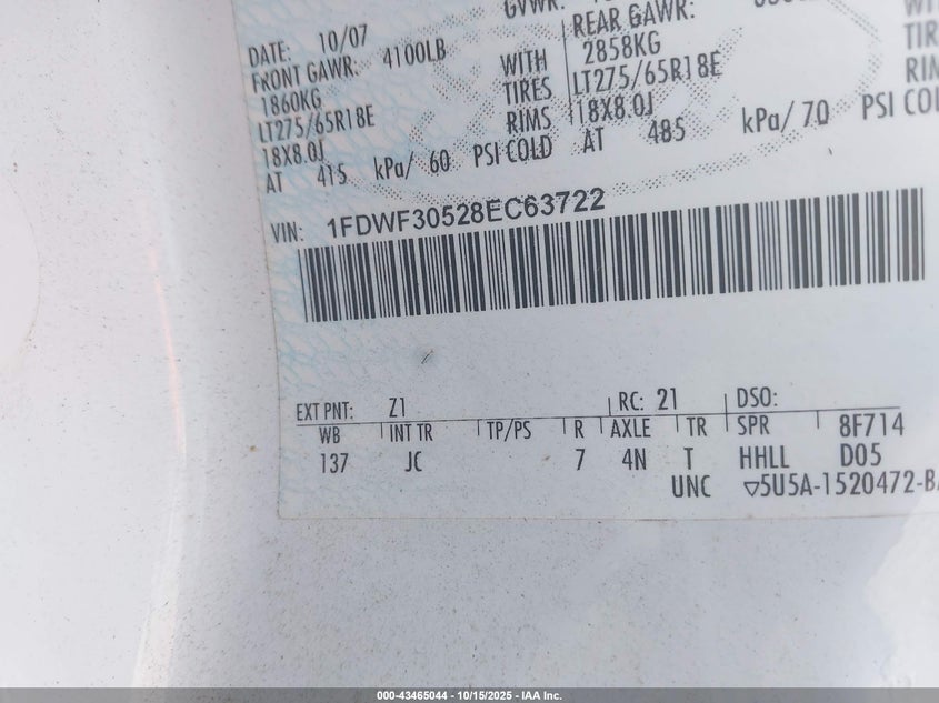 2008 Ford F-350 Xl/Xlt VIN: 1FDWF30528EC63722 Lot: 43465044