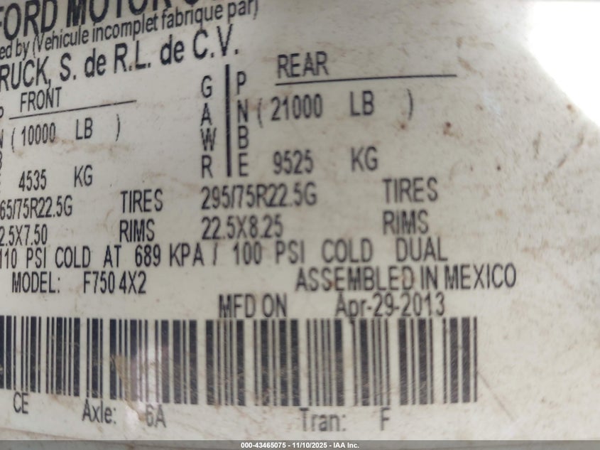 2013 Ford Super Duty F-750 Straight Frame Xl/Xlt VIN: 3FRNF7FC1DV769394 Lot: 43465075