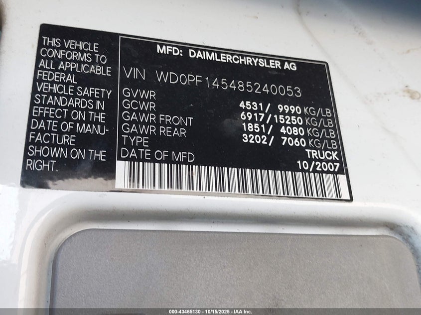 2008 Dodge Sprinter 3500 VIN: WD0PF145485240053 Lot: 43465130