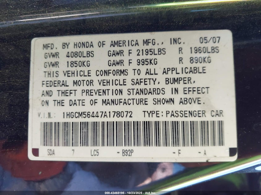 1HGCM56447A178072 2007 HONDA ACCORD photo no. 9