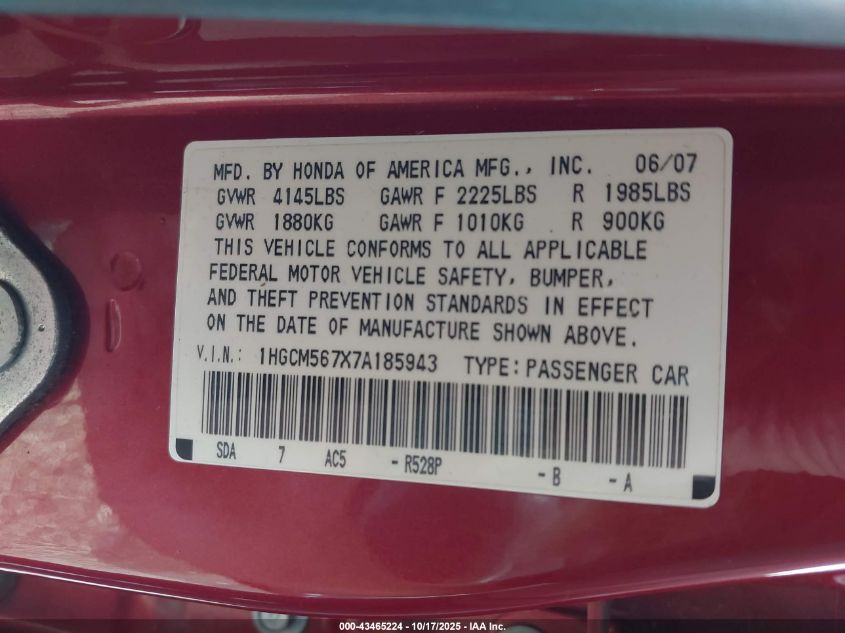 2007 Honda Accord 2.4 Ex VIN: 1HGCM567X7A185943 Lot: 43465224