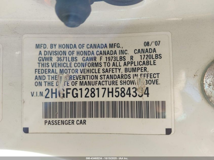 2007 Honda Civic Ex VIN: 2HGFG12817H584334 Lot: 43465234