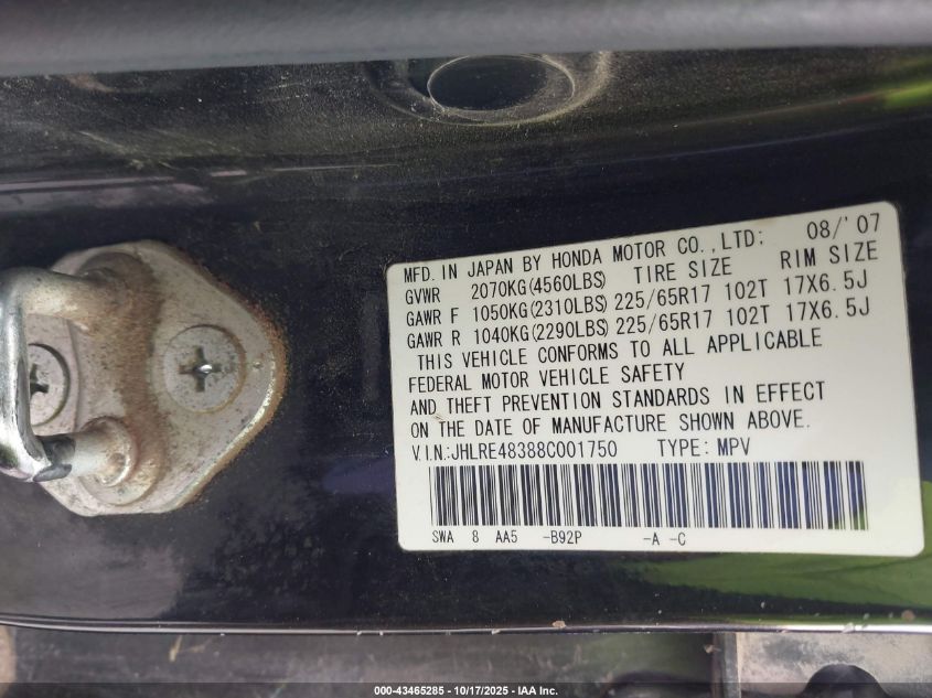2008 Honda Cr-V Lx VIN: JHLRE48388C001750 Lot: 43465285