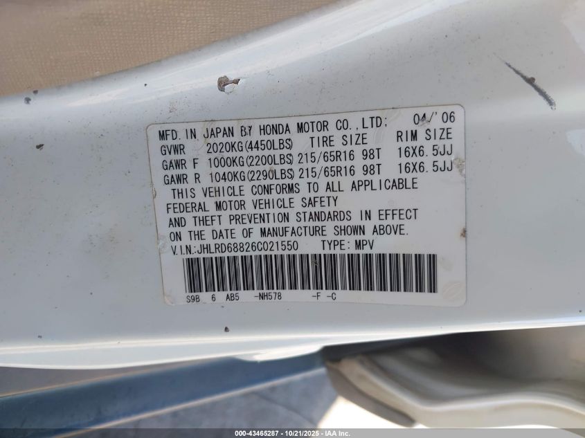 2006 Honda Cr-V Ex VIN: JHLRD68826C021550 Lot: 43465287