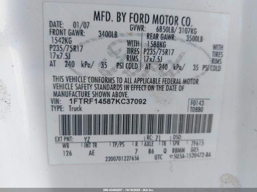 2007 Ford F-150 Fx4/Xl/Xlt VIN: 1FTRF14587KC37092 Lot: 43465297