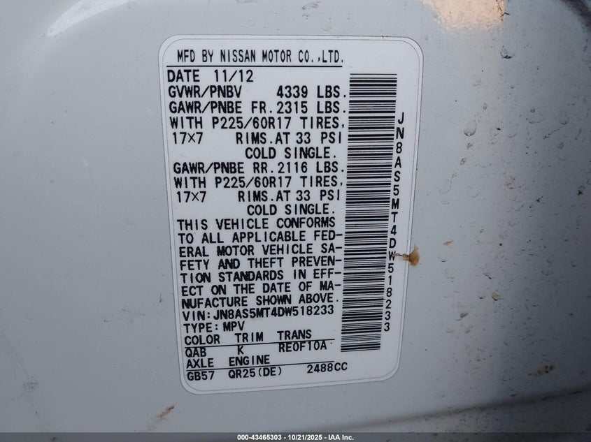 2013 NISSAN ROGUE SV JN8AS5MT4DW518233