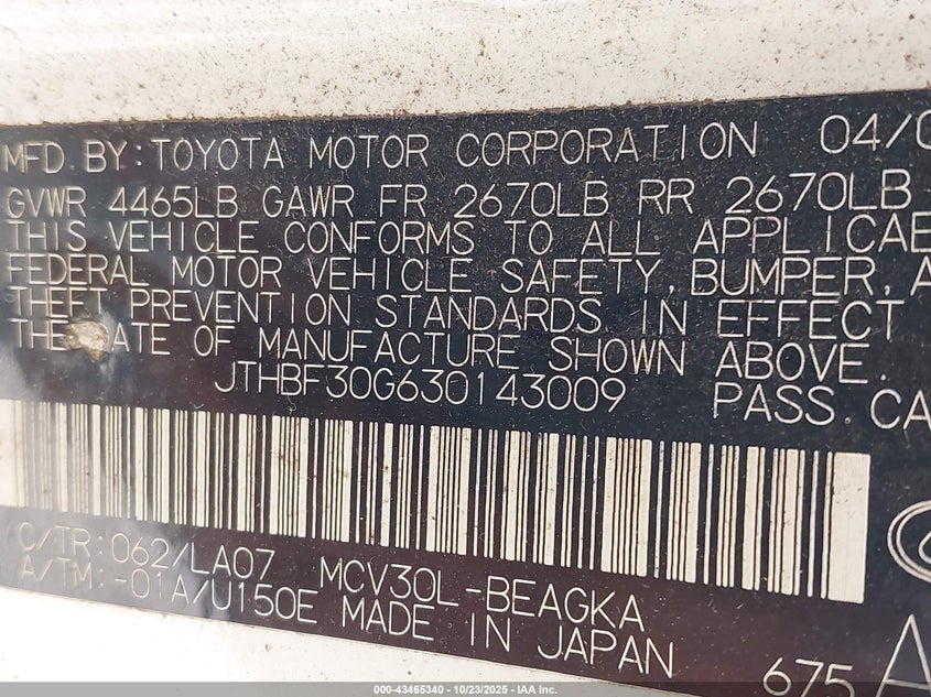 JTHBF30G630143009 2003 LEXUS ES photo no. 9