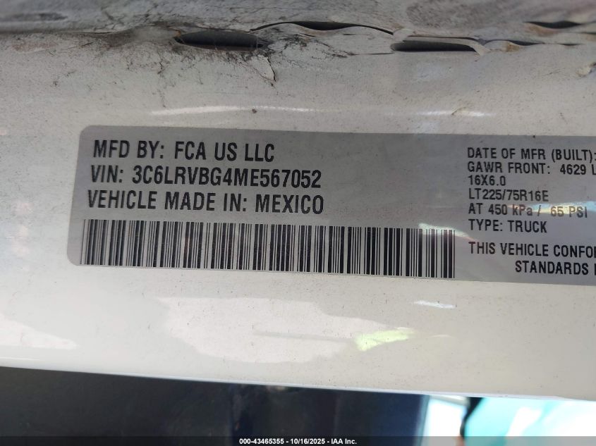 2021 Ram Promaster 1500 High Roof 136 Wb VIN: 3C6LRVBG4ME567052 Lot: 43465355