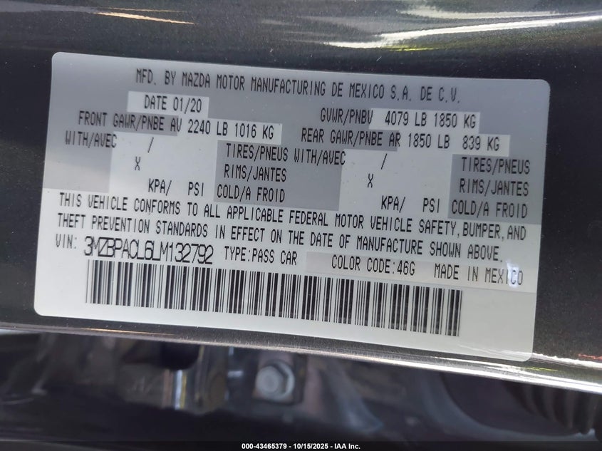 2020 MAZDA MAZDA3 SELECT PACKAGE 3MZBPACL6LM132792