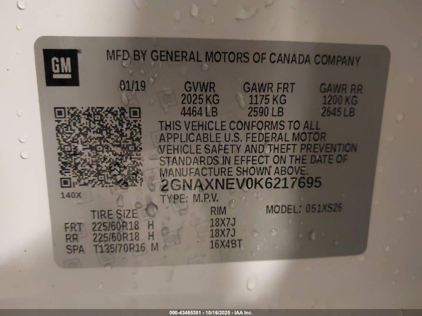 2019 Chevrolet Equinox Premier VIN: 2GNAXNEV0K6217695 Lot: 43465381