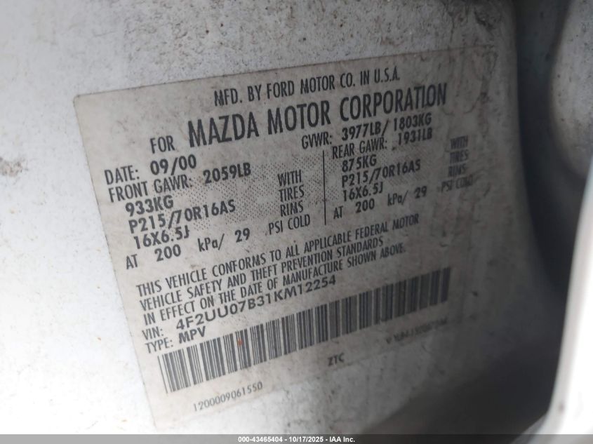 2001 Mazda Tribute Dx VIN: 4F2UU07B31KM12254 Lot: 43465404