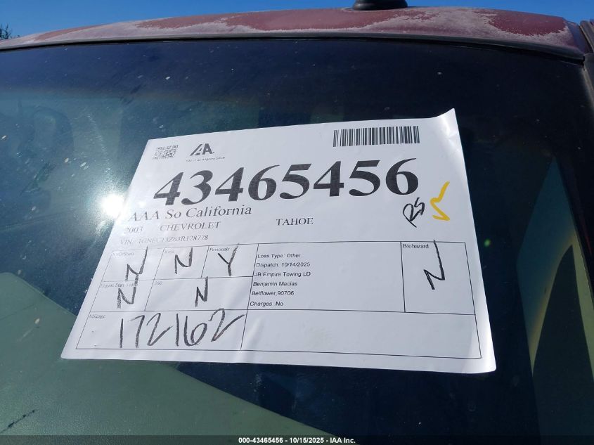 2003 Chevrolet Tahoe Lt VIN: 1GNEC13Z63R128778 Lot: 43465456