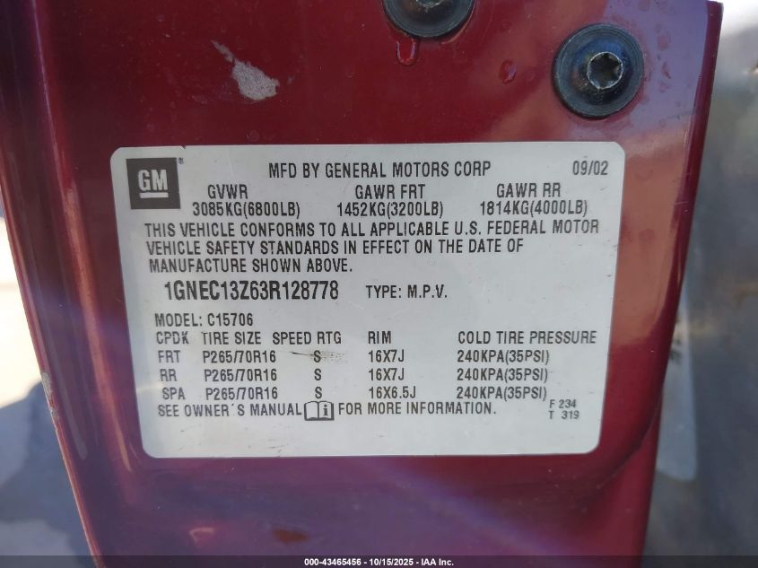 2003 Chevrolet Tahoe Lt VIN: 1GNEC13Z63R128778 Lot: 43465456