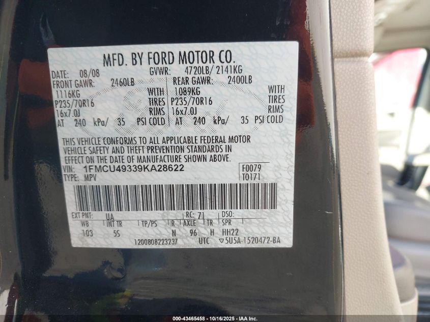 2009 Ford Escape Hybrid Limited VIN: 1FMCU49339KA28622 Lot: 43465458