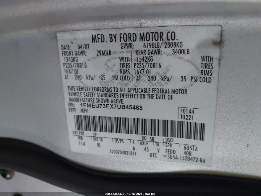 2007 Ford Explorer Xlt VIN: 1FMEU73EX7UB45488 Lot: 43465479