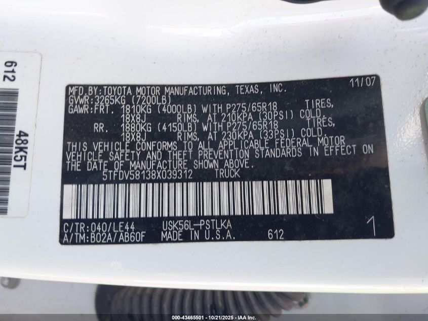 2008 Toyota Tundra Limited 5.7L V8 VIN: 5TFDV58138X039312 Lot: 43465501