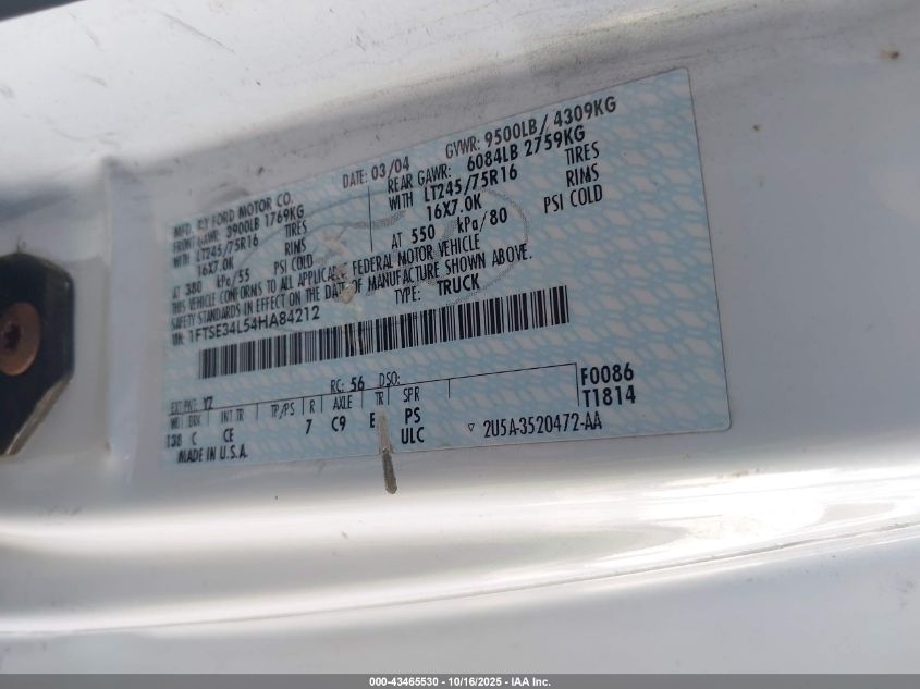 2004 Ford E-350 Super Duty Commercial/Recreational VIN: 1FTSE34L54HA84212 Lot: 43465530