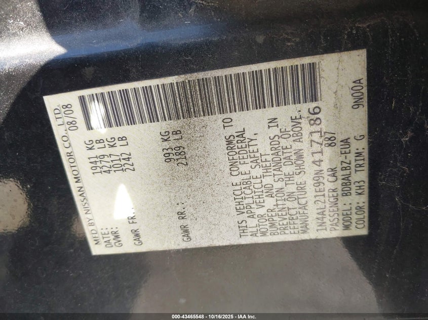 1N4AL21E99N417186 2009 NISSAN ALTIMA photo no. 9