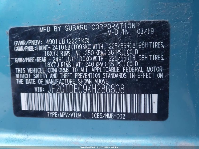 2019 Subaru Crosstrek Hybrid VIN: JF2GTDEC9KH286808 Lot: 43465560