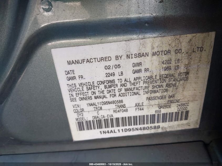 2005 Nissan Altima 2.5 S VIN: 1N4AL11D95N480588 Lot: 43465583