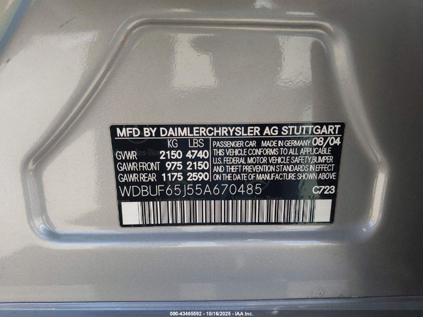 2005 Mercedes-Benz E 320 VIN: WDBUF65J55A670485 Lot: 43465592