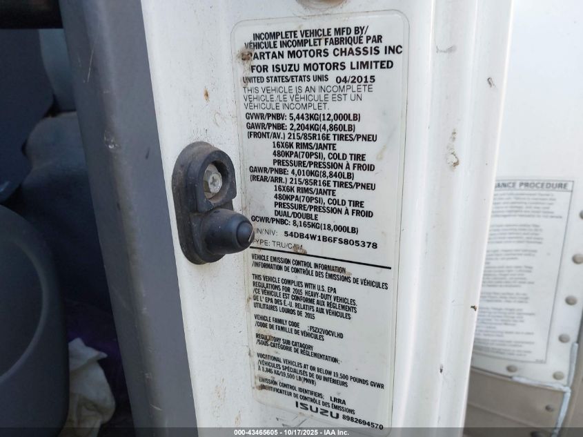 2015 Isuzu Npr Reg VIN: 54DB4W1B6FS805378 Lot: 43465605