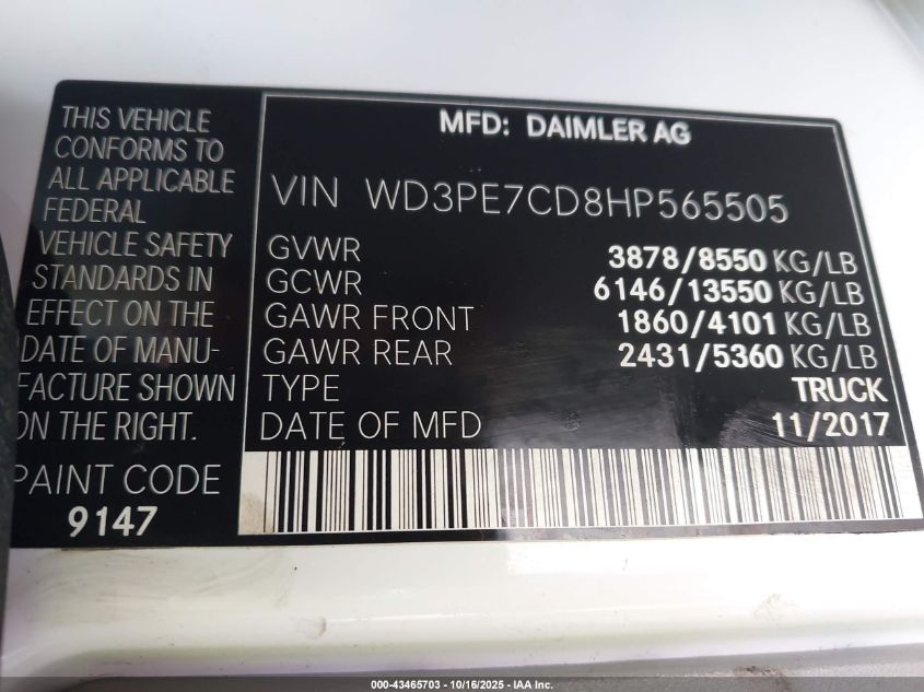 2017 Mercedes-Benz Sprinter 2500 Standard Roof V6 VIN: WD3PE7CD8HP565505 Lot: 43465703