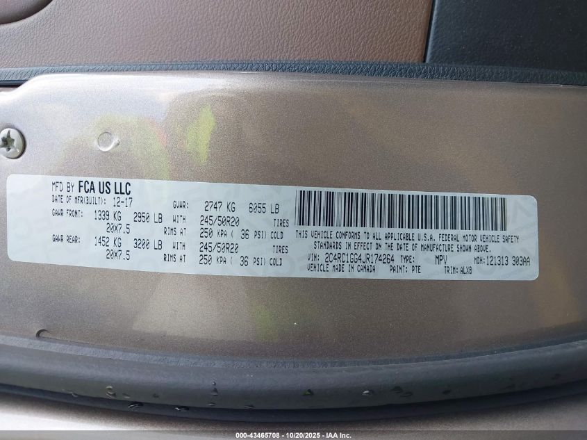 2018 Chrysler Pacifica Limited VIN: 2C4RC1GG4JR174264 Lot: 43465708