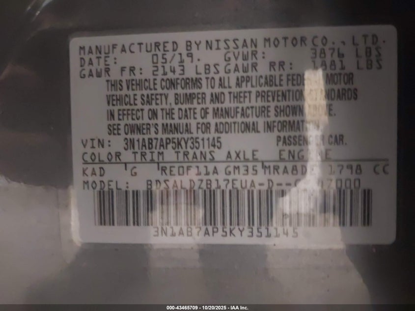 VIN 3N1AB7AP5KY351145 2019 NISSAN SENTRA SV