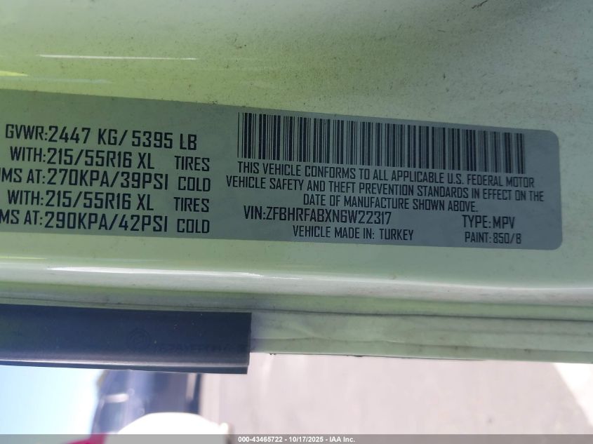 2022 Ram Promaster City Cargo Van VIN: ZFBHRFABXN6W22317 Lot: 43465722