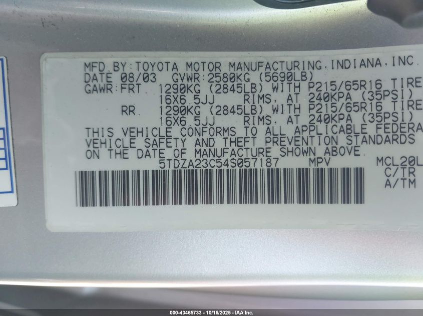 2004 Toyota Sienna Le VIN: 5TDZA23C54S057187 Lot: 43465733