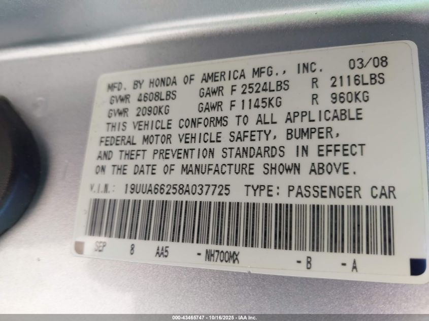 2008 Acura Tl 3.2 VIN: 19UUA66258A037725 Lot: 43465747