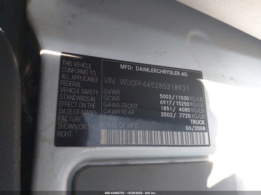 WD0PF445285318931 2008 DODGE SPRINTER photo no. 8