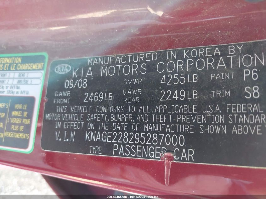 2009 Kia Optima Lx VIN: KNAGE228295287000 Lot: 43465788