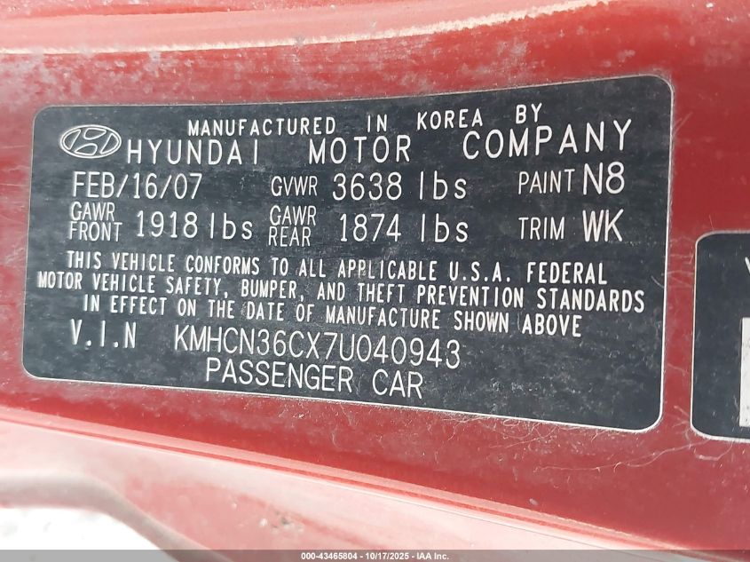 2007 Hyundai Accent Se VIN: KMHCN36CX7U040943 Lot: 43465804