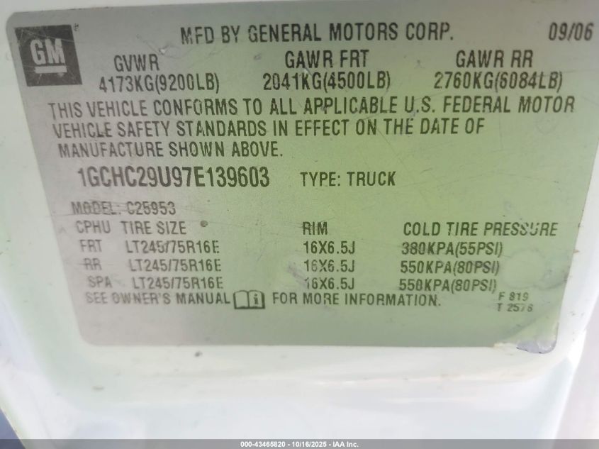 2007 Chevrolet Silverado 2500Hd Classic Work Truck VIN: 1GCHC29U97E139603 Lot: 43465820