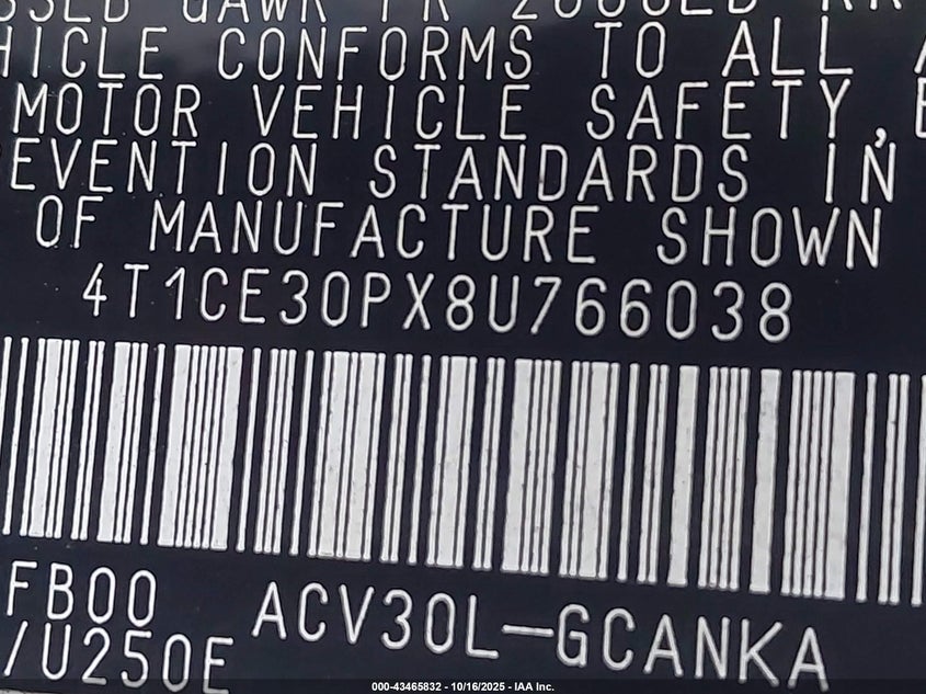 2008 Toyota Camry Solara Se VIN: 4T1CE30PX8U766038 Lot: 43465832