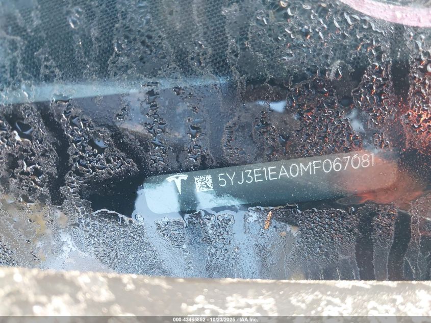 2021 Tesla Model 3 Standard Range Plus Rear-Wheel Drive VIN: 5YJ3E1EA0MF067081 Lot: 43465852