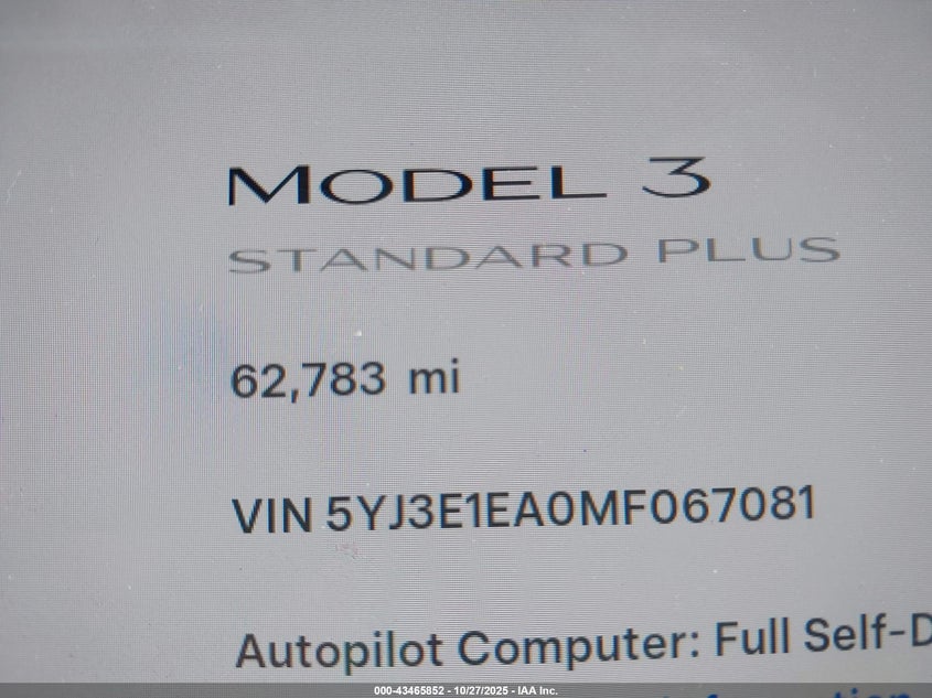 2021 Tesla Model 3 Standard Range Plus Rear-Wheel Drive VIN: 5YJ3E1EA0MF067081 Lot: 43465852