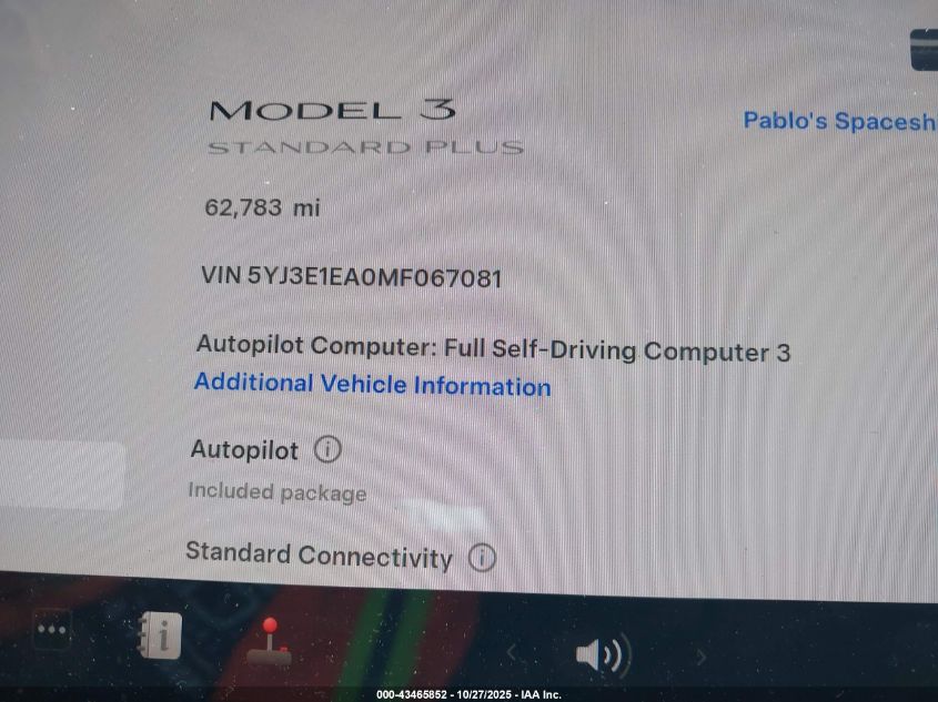 2021 Tesla Model 3 Standard Range Plus Rear-Wheel Drive VIN: 5YJ3E1EA0MF067081 Lot: 43465852